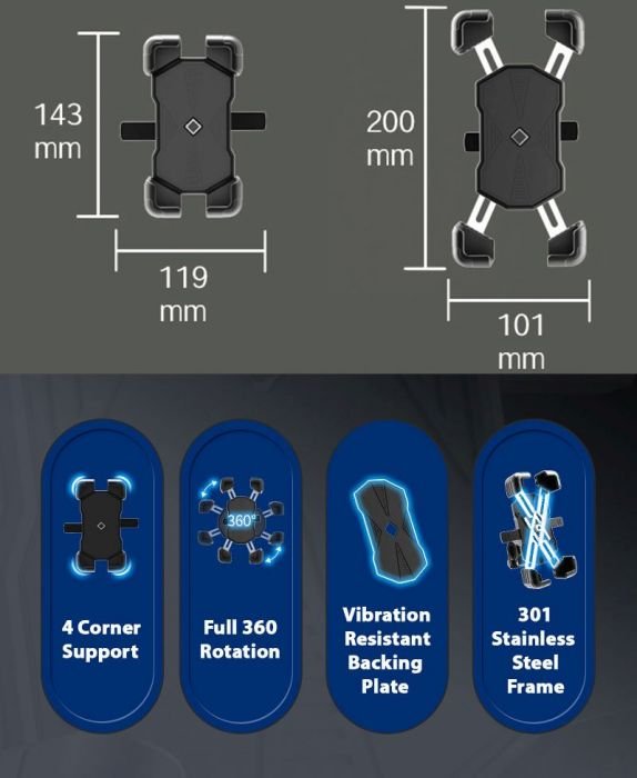 Cell Phone Mount - 4 Corner Profile, 4.5-7.2 Inch Phones, 20-30mm Handlebar Mount - Image 6
